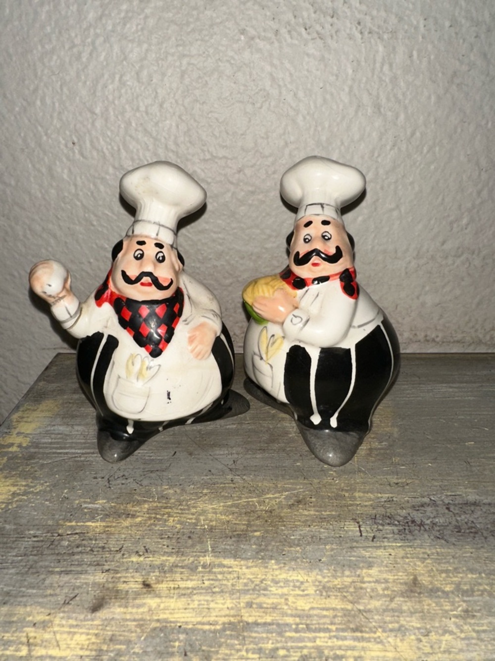 Vintage Ceramic Chef Salt & Pepper Shakers - White, Black, Red